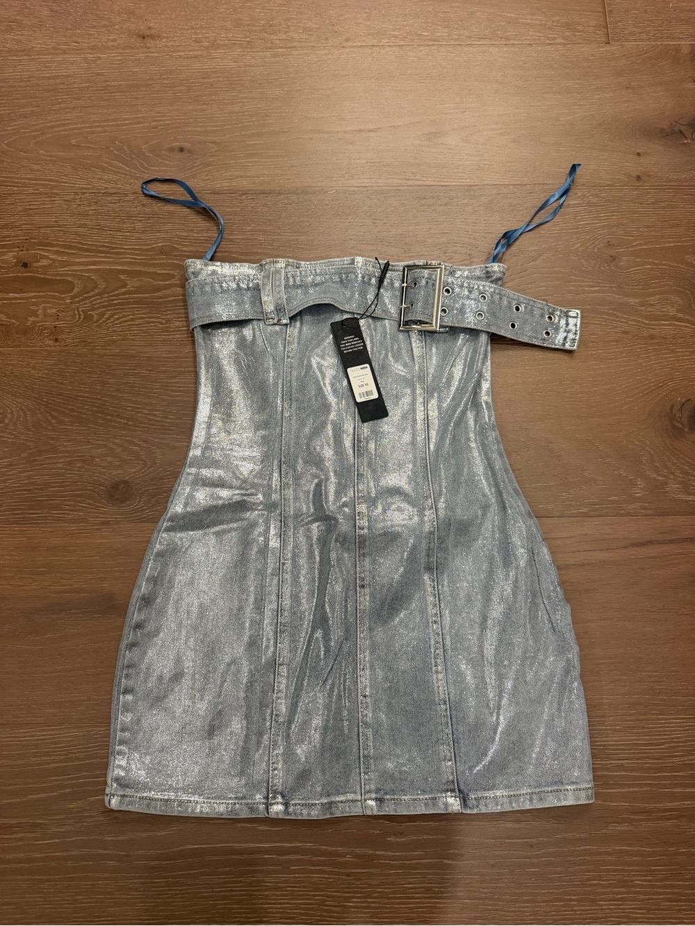 Fashion Nova Metallic Silver Strapless Mini Dress with Belt